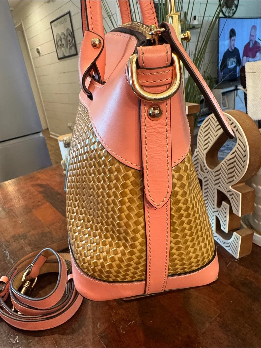 Dooney & Bourke Beacon Woven Embossed Leather Satchel/Crossbody with Pink Trim